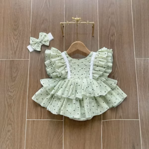 Set Body Váy Chấm Bi Tim Màu Xanh Kèm Băng Đô Cho Bé Gái Sơ Sinh 1 2 Tuổi Từ 3-11Kg Dành Cho Bé Gái