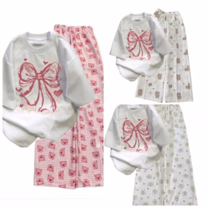 Tổng Hợp Các Sét Bộ Đồ Quần Hoạt Hình + Áo Phông In Nơ Hồng Loang Màu Trắng