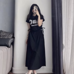 Set Bộ Áo Phối Chân Váy Dáng Dài Chữ Abc Mặc Siêu Tôn Dáng Đi Dạo Phối , Mặc Nhà