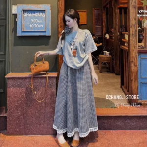 Set Bộ Đồ Nữ Áo Thun Cotton Tay Ngắn Mix Chân Váy Sọc Viền Ren Hoạ Tiết Siêu Xinh Basic Nữ