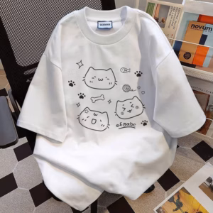 ( Lưu Ý Chất Su Mỏng Mát ) Áo Phông Form Rộng Tay Lỡ Chất Vải Cotton , Áo Cổ Tròn Nam Nữ Unisex - Hình 3 Con Mèo Trắng