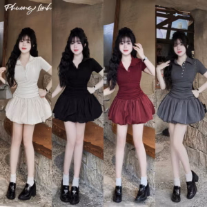 Đầm Tăm Cổ Bẻ Phối Tùng Bí Mango Dây Kéo Sau Rút Sườn Tb85Re-Nana House