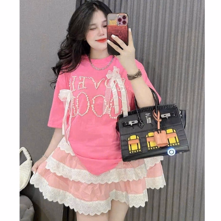 Set Áo Thun Tăm Đính Phụ Kiện Phối Chân Váy Mango Ren Tầng Tb95Ty-Nana House - Ảnh 4