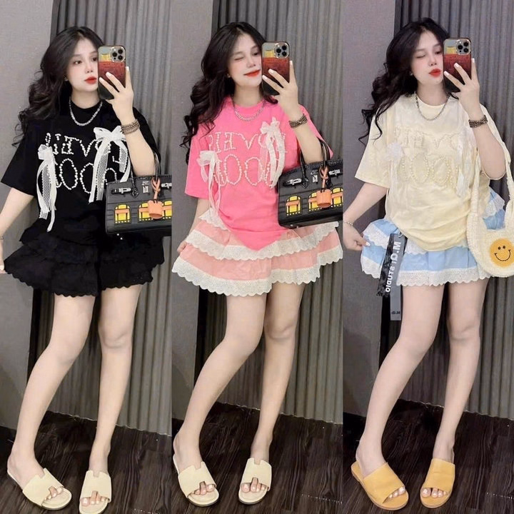 Set Áo Thun Tăm Đính Phụ Kiện Phối Chân Váy Mango Ren Tầng Tb95Ty-Nana House