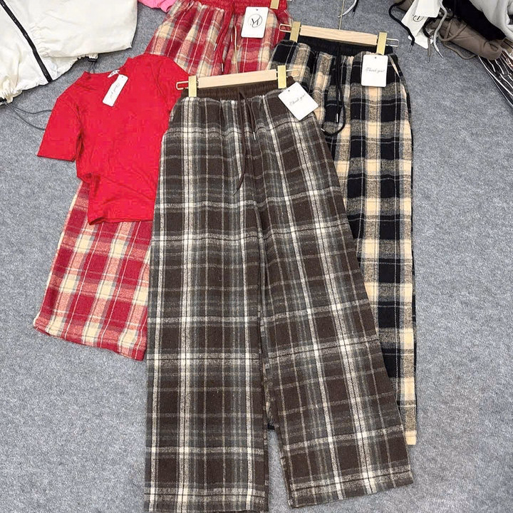 Set Đồ Nữ Áo Thun Coton Trơn Phối Quần Ống Suông Caro Dạ Tp76 - Golden Dream - Ảnh 5