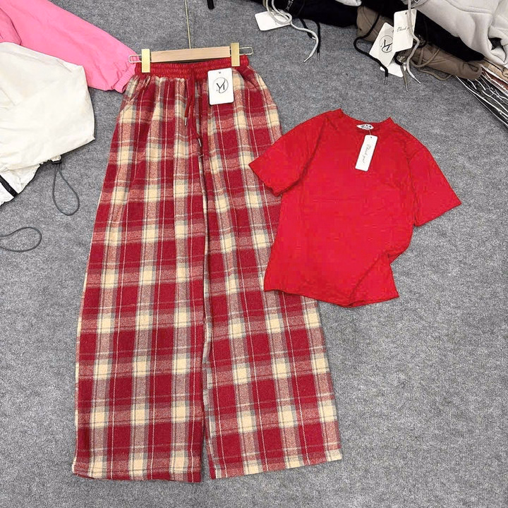 Set Đồ Nữ Áo Thun Coton Trơn Phối Quần Ống Suông Caro Dạ Tp76 - Golden Dream - Ảnh 6