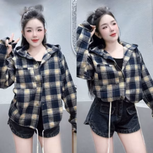 [T80] Áo Sơ Mi Nữ Chống Nắng Cúc Bấm Có Nón Rộng , Phối Sọc Kẻ Caro Nhiều Màu Form Rộng