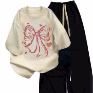 Tổng Hợp Set Bộ Quần Ống Xuông+Mix Áo Phông Mẫu Mới-Nơ Hồng Loang Màu Be