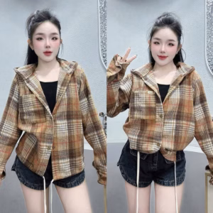 Áo Khoác Nữ Vải Dạ Caro Phối 2 Lai Luồng Mặc Được 2 Kiểu Mũ Rộng Chống Nắng Tốt Tp51