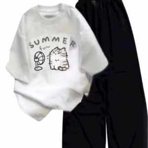 Tổng Hợp Sét Bộ Quần Ống Suông Cạp Chun+Mix Áo Phông Form Rộng-Mèo Summer Trắng