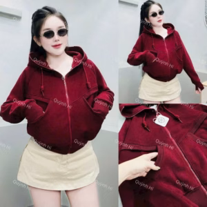 Áo Ngắn Nỉ Nữ Túi Đắp Phối Dây Có Nón, Tay Chống Nắng Thời Trang Mới Phong Cách