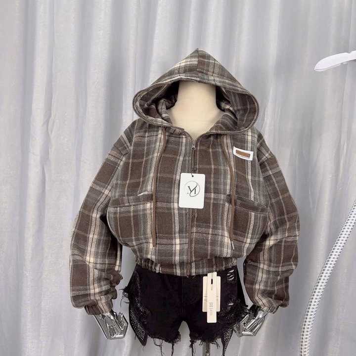 Áo Khoác Dạ Caro Nữ Form Lửng Có 2 Túi Ngoài Mũ Rộng Đẹp Tp29 - Ảnh 9