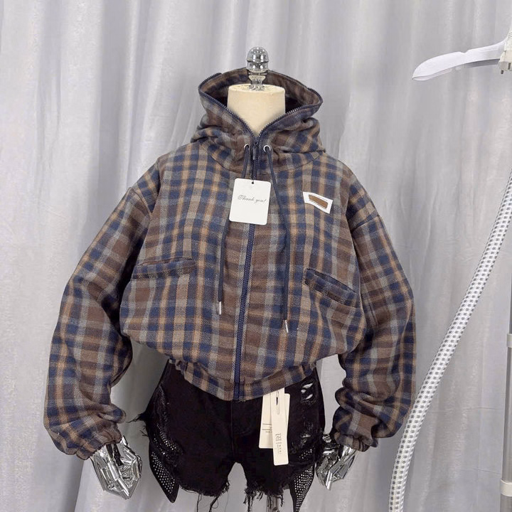 Áo Khoác Dạ Caro Nữ Form Lửng Có 2 Túi Ngoài Mũ Rộng Đẹp Tp29 - Ảnh 11