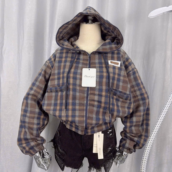 Áo Khoác Dạ Caro Nữ Form Lửng Có 2 Túi Ngoài Mũ Rộng Đẹp Tp29 - Ảnh 2