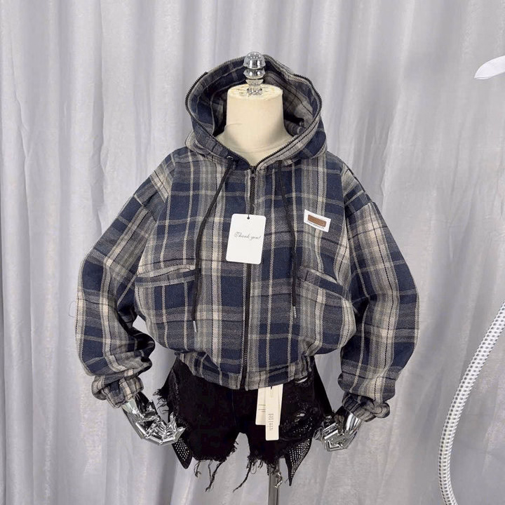 Áo Khoác Dạ Caro Nữ Form Lửng Có 2 Túi Ngoài Mũ Rộng Đẹp Tp29 - Ảnh 6