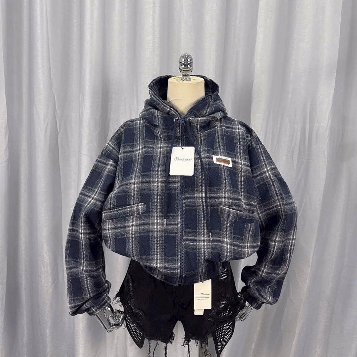 Áo Khoác Dạ Caro Nữ Form Lửng Có 2 Túi Ngoài Mũ Rộng Đẹp Tp29 - Ảnh 7