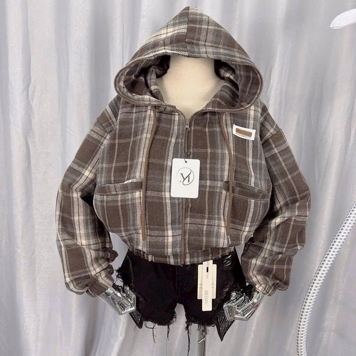 Áo Khoác Dạ Caro Nữ Form Lửng Có 2 Túi Ngoài Mũ Rộng Đẹp Tp29 - Ảnh 12