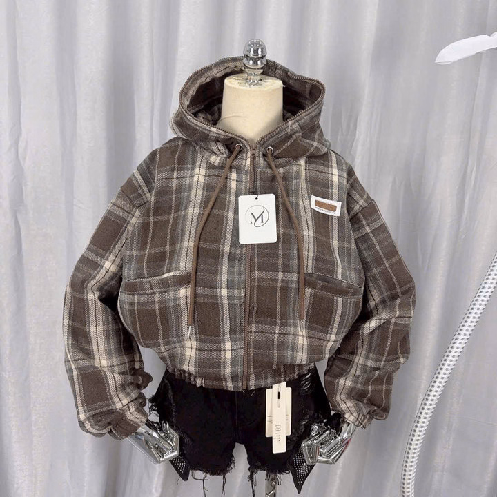 Áo Khoác Dạ Caro Nữ Form Lửng Có 2 Túi Ngoài Mũ Rộng Đẹp Tp29 - Ảnh 8