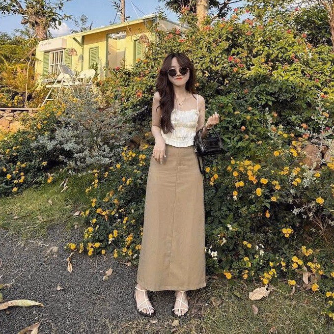 Set Chân Váy Kaki Bager Phối Áo 2 Dây Lụa Nhún Tb90Ha-Nana House - Ảnh 3