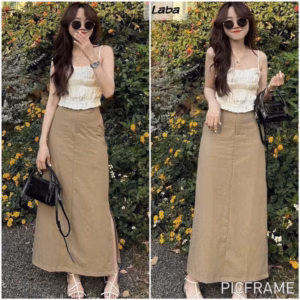 Set Chân Váy Kaki Bager Phối Áo 2 Dây Lụa Nhún Tb90Ha-Nana House