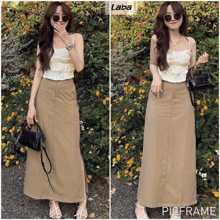 Set Chân Váy Kaki Bager Phối Áo 2 Dây Lụa Nhún Tb90Ha-Nana House