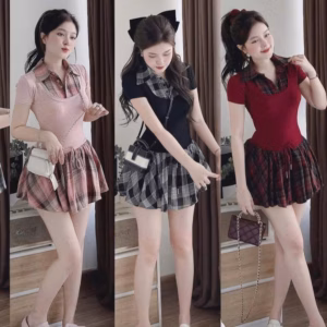 Đầm Đũi Caro Cổ Bẻ Phối Tăm Lạnh Khóa Kéo Đính Nơ Kèm Quần Rời Tb86Dr-Nana House