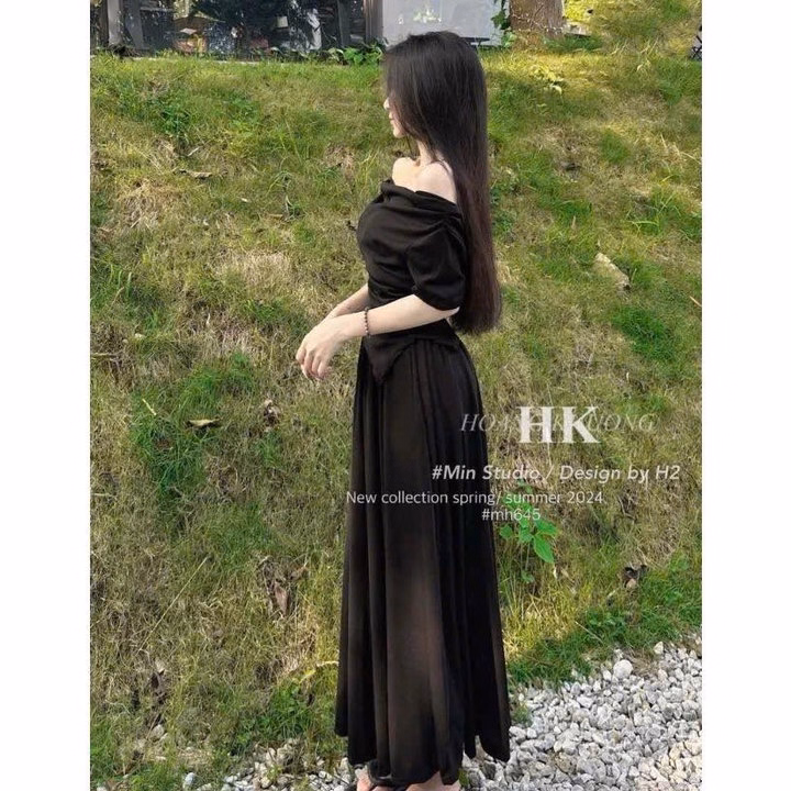 Set Áo Tăm Lệch Vai Mix Chân Váy Xếp Ly Dáng Dài Q28-Sam Store - Ảnh 3