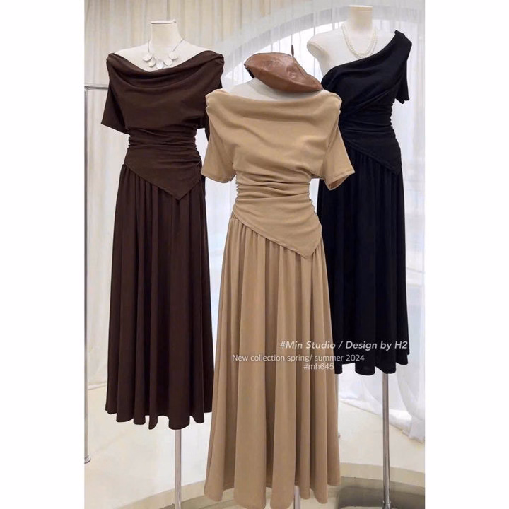 Set Áo Tăm Lệch Vai Mix Chân Váy Xếp Ly Dáng Dài Q28-Sam Store - Ảnh 4