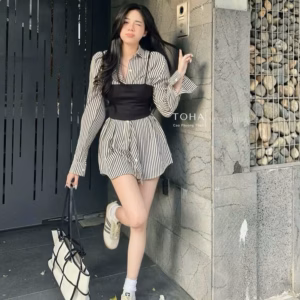 Set 3 Món Borip Kèm Áo Khoác Sơ Mi Đũi Sọc Tb105Re-Nana House