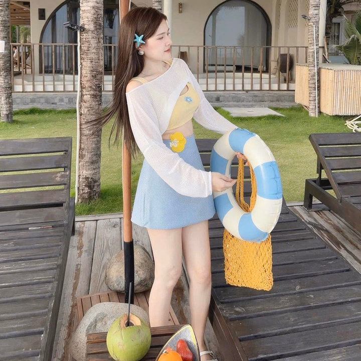 Set 3 Món Áo Tăm Đính Hoa Khoác Voan Giấy Mix Chân Váy Đũi Xốp Tb105Kf-Nana House - Ảnh 3