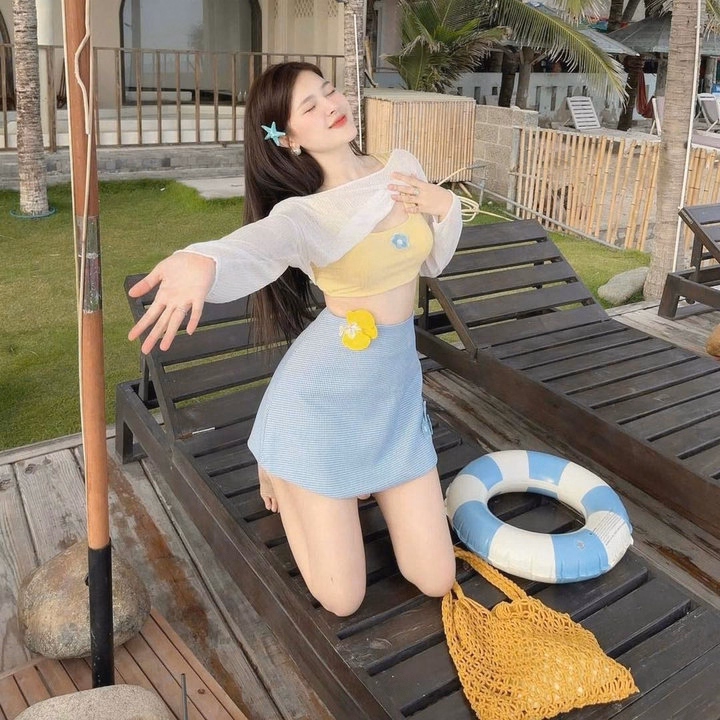 Set 3 Món Chân Váy Đũi Xốp Áo Tăm Đính Hoa Khoác Voan Giấy Bt105Mg-Sam Store - Ảnh 2