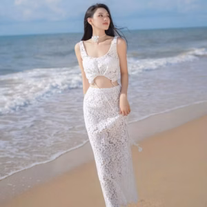 Set Váy Maxi Vải Ren Dáng Dài 2 Dây Chữ A Thời Trang Nữ Mặc Đi Biển Xinh Xắn