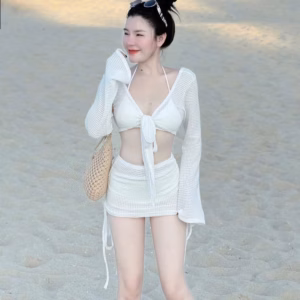 Set Váy Len Ren Áo Dài Tay Dáng Lửng Buộc Nơ Mix Chân Váy Ngắn Siêu Xinh Đi Biển