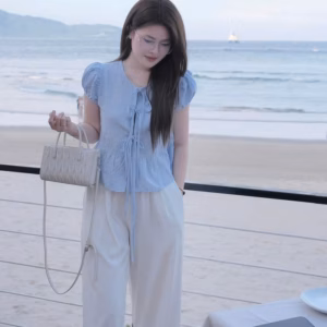 Set Áo Sọc Xanh Cột Thắt Nơ + Quần Suông Trắng Tuyết Mưa Thời Trang Nữ