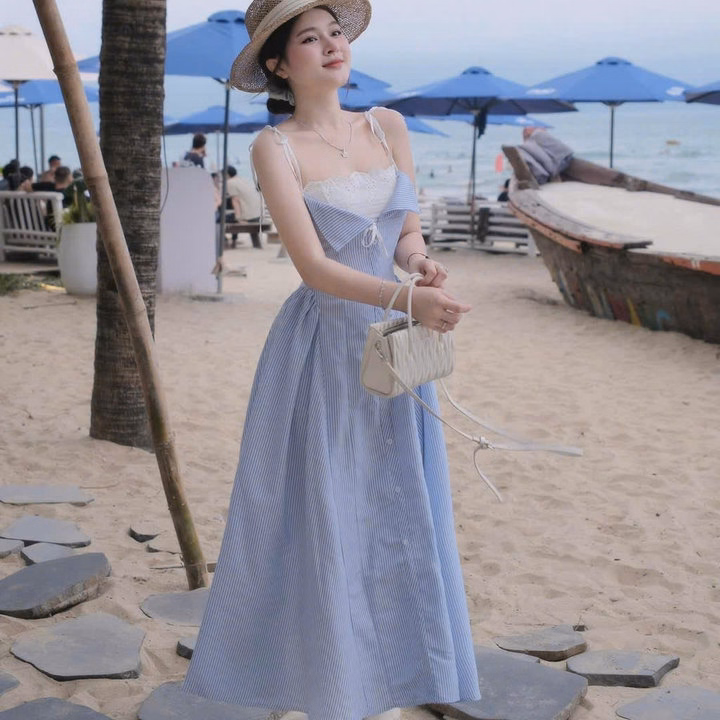 Váy 2 Dây Kẻ Xanh Dáng Maxi Dài Phối Ren Có Mút Ngực Đi Biển , Đi Chơi Dễ Thương - Ảnh 3