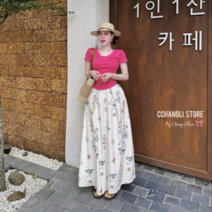 Set Áo Thun Tăm Lạnh Phối Chân Váy Mango Hoa 3D Bt90Td -Sam Store