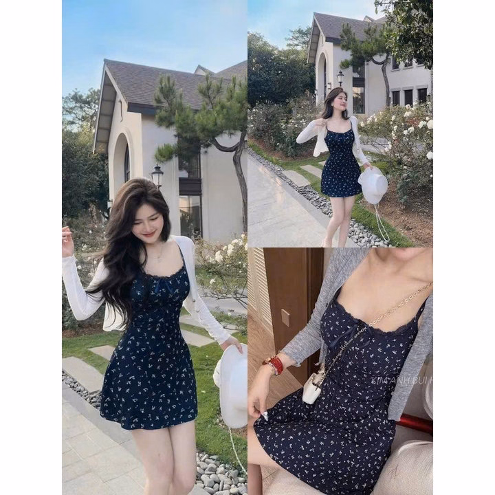 Set Đầm Tăm Tiu Nơ Phối Ren Kèm Khoác Tăm Nút Bt87Ds-Sam Store