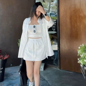 Set 3 Món Thời Trang Nữ Mặc Đi Chơi Chất Đũi Vân Mây Cổ Sơ Mi Phối Chân Váy Chữ A Dáng Ngắn