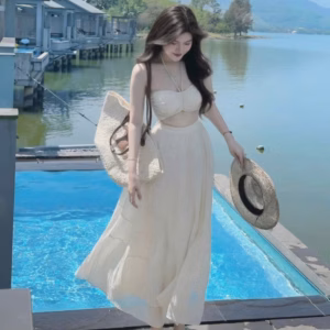 Đầm Maxi Đi Biển Set Váy Nữ Kèm Áo Quây Có Mút + Chân Váy Dáng Dài Vải Tơ Xốp