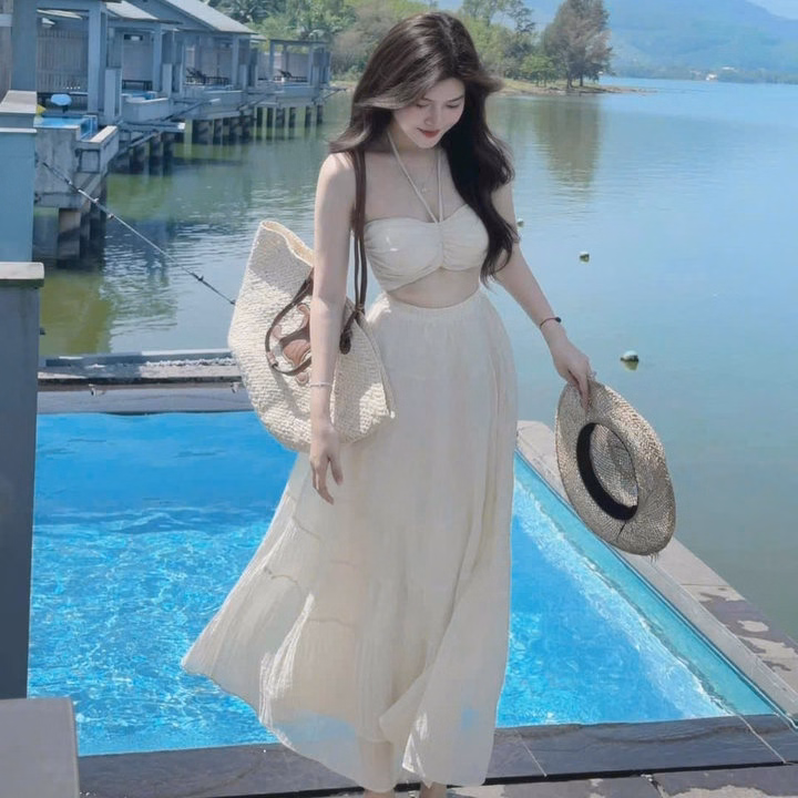 Đầm Maxi Đi Biển Set Váy Nữ Kèm Áo Quây Có Mút + Chân Váy Dáng Dài Vải Tơ Xốp