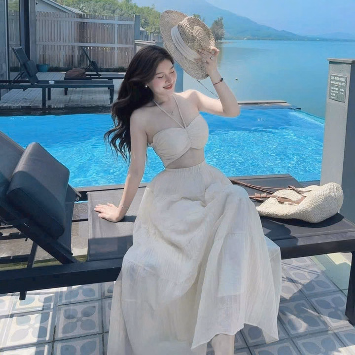 Đầm Maxi Đi Biển Set Váy Nữ Kèm Áo Quây Có Mút + Chân Váy Dáng Dài Vải Tơ Xốp - Ảnh 4