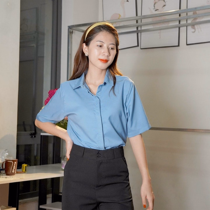 Áo Sơ Mi Nữ Tay Ngắn Giấu Cúc Chất Liệu Vải Lụa - Ảnh 10