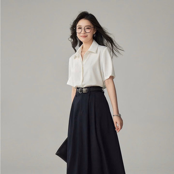 Áo Sơ Mi Nữ Tay Ngắn Giấu Cúc Chất Liệu Vải Lụa - Ảnh 3