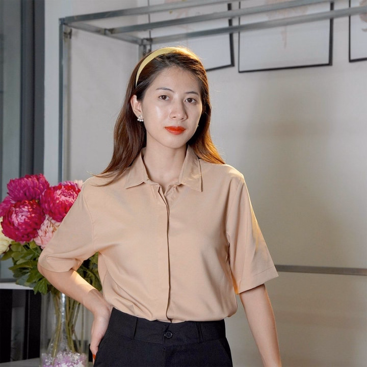 Áo Sơ Mi Nữ Tay Ngắn Giấu Cúc Chất Liệu Vải Lụa - Ảnh 11