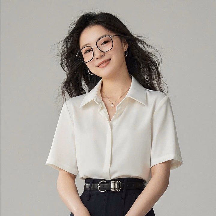 Áo Sơ Mi Nữ Tay Ngắn Giấu Cúc Chất Liệu Vải Lụa - Ảnh 5