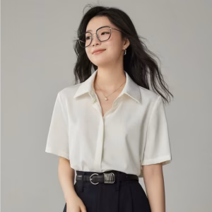 Áo Sơ Mi Nữ Tay Ngắn Giấu Cúc Chất Liệu Vải Lụa