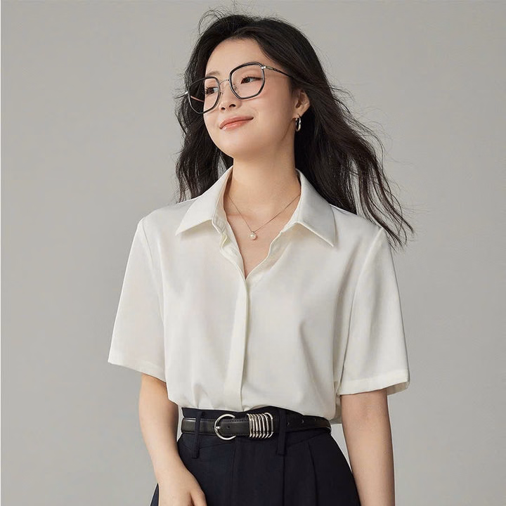 Áo Sơ Mi Nữ Tay Ngắn Giấu Cúc Chất Liệu Vải Lụa