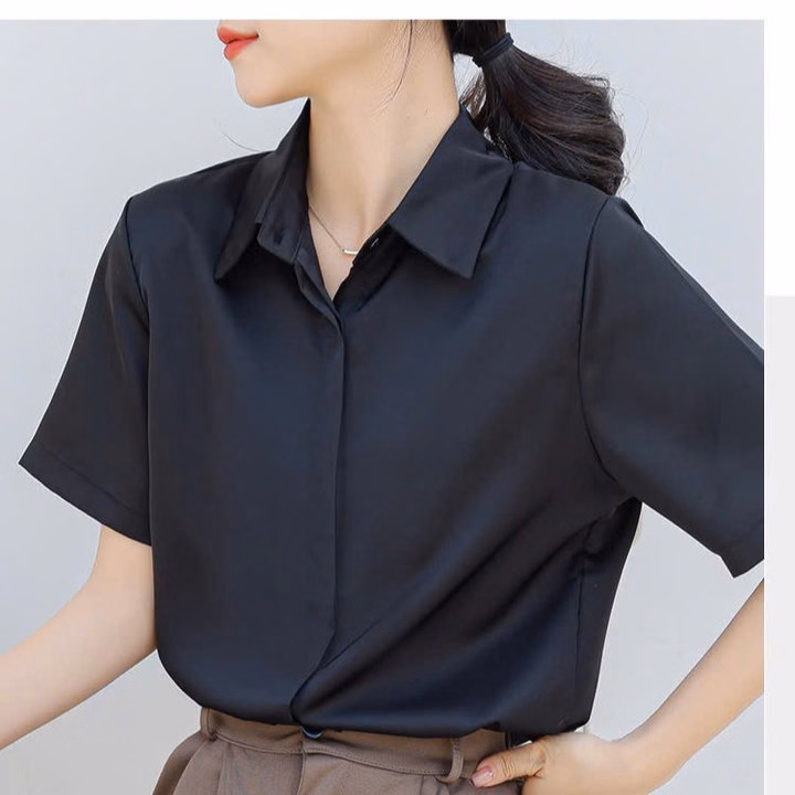 Áo Sơ Mi Nữ Tay Ngắn Giấu Cúc Chất Liệu Vải Lụa - Ảnh 4