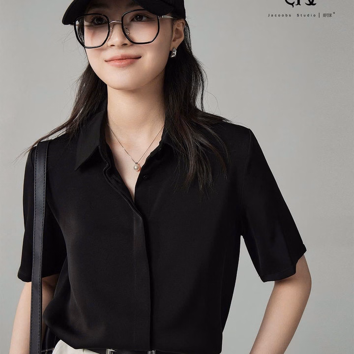 Áo Sơ Mi Nữ Tay Ngắn Giấu Cúc Chất Liệu Vải Lụa - Ảnh 6