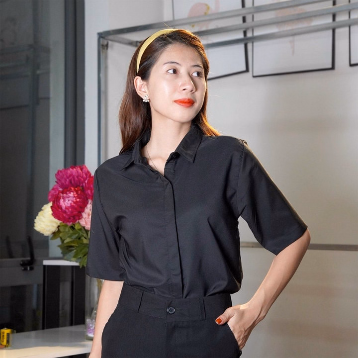 Áo Sơ Mi Nữ Tay Ngắn Giấu Cúc Chất Liệu Vải Lụa - Ảnh 7